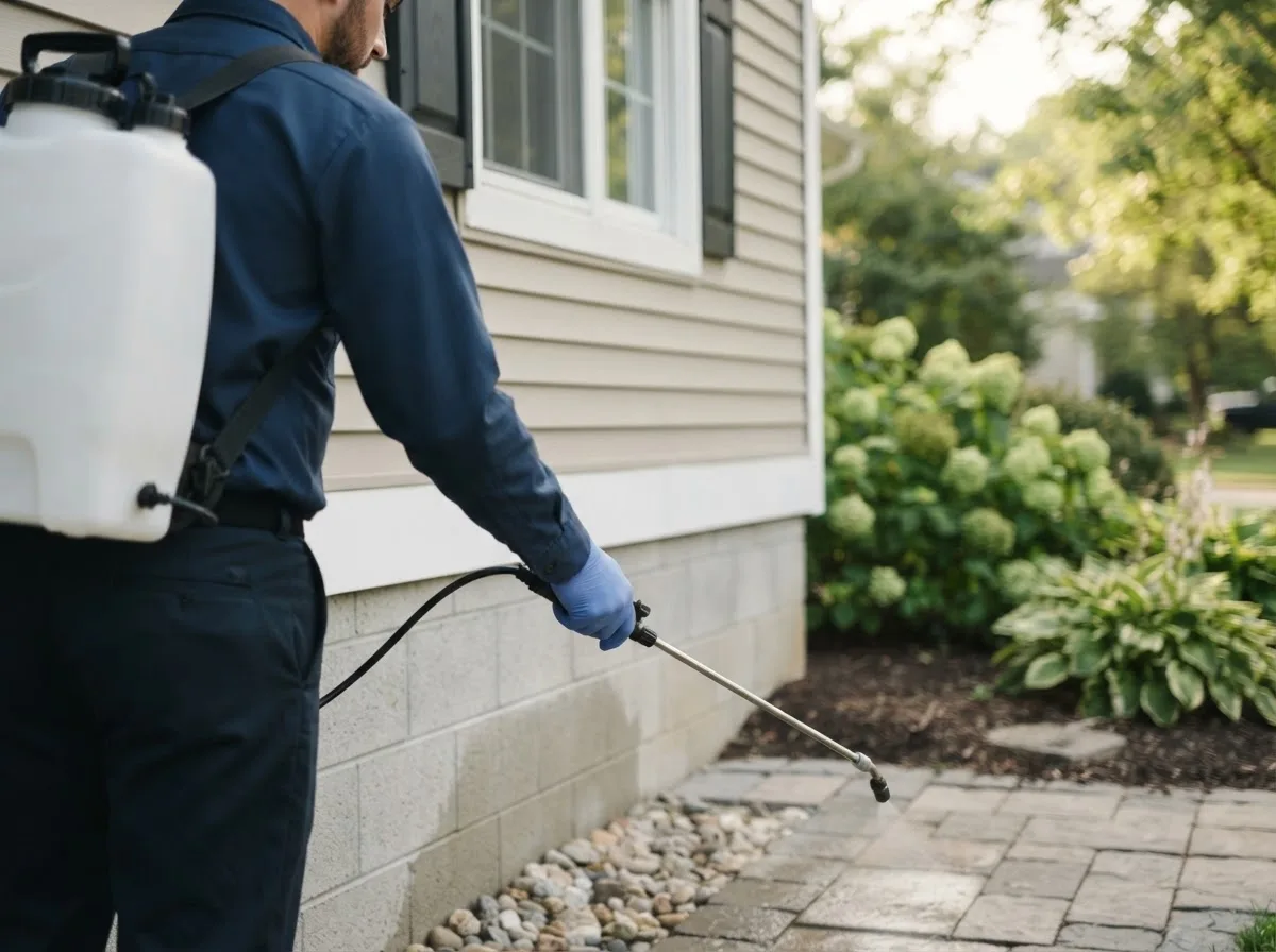 Pest control technician inspecting a home in Moody, MO